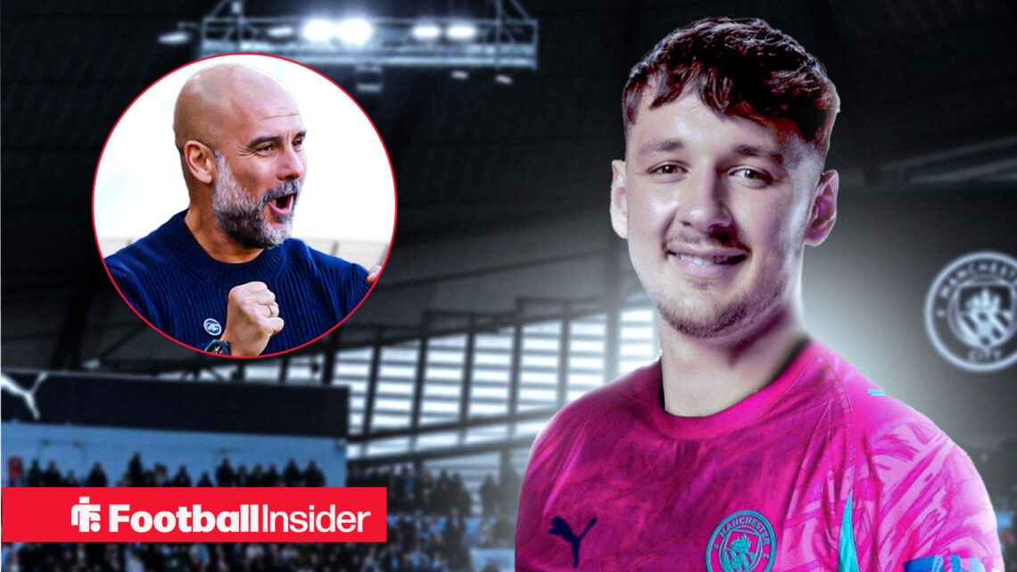 James Trafford smiling in a Man City shirt with Pep Guardiola