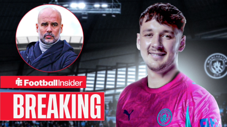 James Trafford pictured in a Man City kit with Pep Guardiola in a circular inset