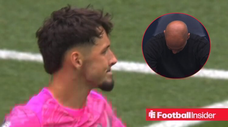 James Trafford looking angry with Pep Guardiola on the right with his head to the ground in disappointment