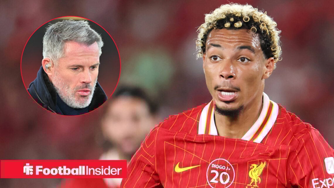 Jamie Carragher looking concerned on the left and Hugo Ekitike on the right working hard