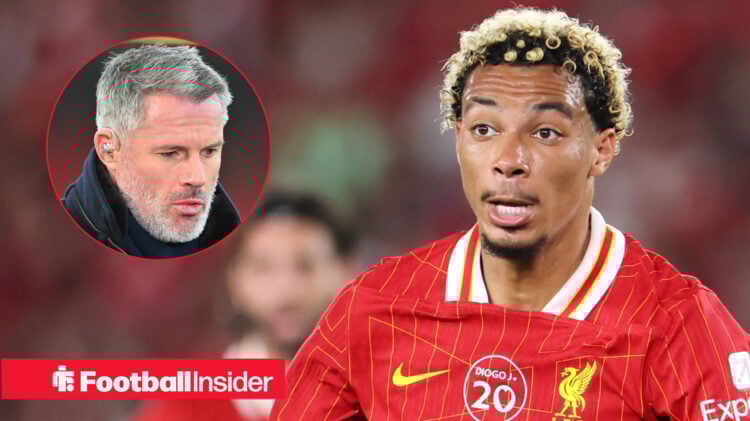 Jamie Carragher looking concerned on the left and Hugo Ekitike on the right working hard