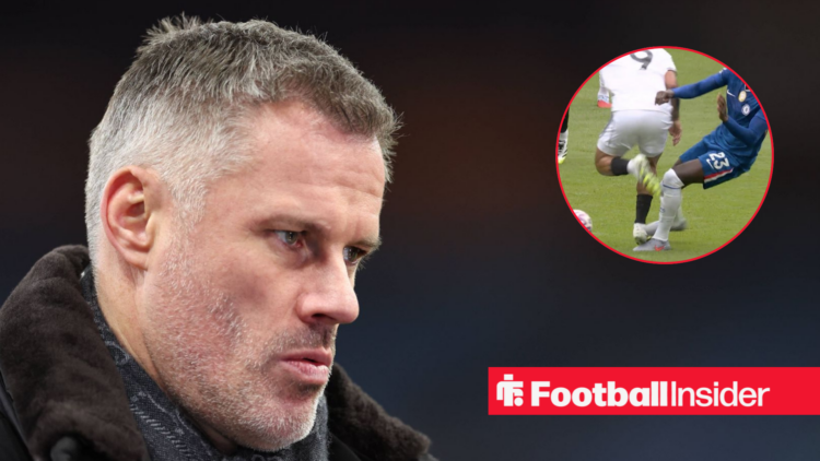 Jamie Carragher staring on the left at an image of Rodrigo Muniz stamping on Trevoh Chalobah's foot