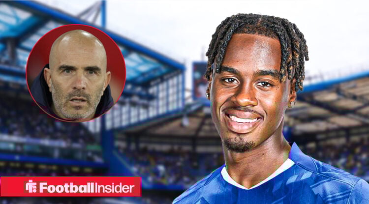 Chelsea winger Jamie Gittens against a back drop of Stamford Bridge alongside a head shot of manager Enzo Maresca.