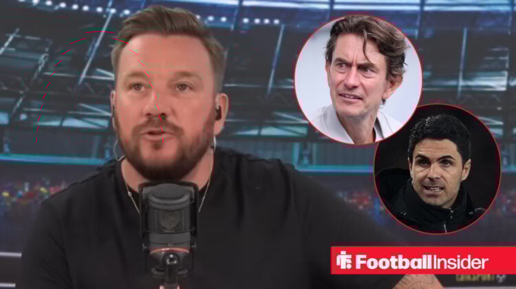 Pundit Jamie O'Hara working for talkSPORT with Tottenham manager Thomas Frank and Arsenal manager Mikel Arteta looking at him