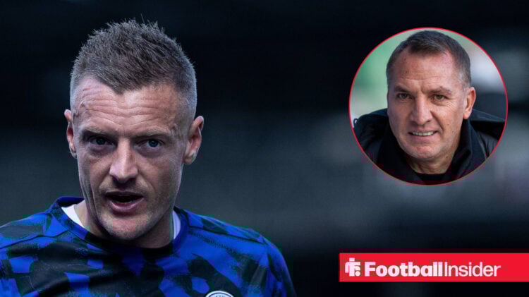 Striker Jamie Vardy alongside a circular inset of Celtic manager Brendan Rodgers.