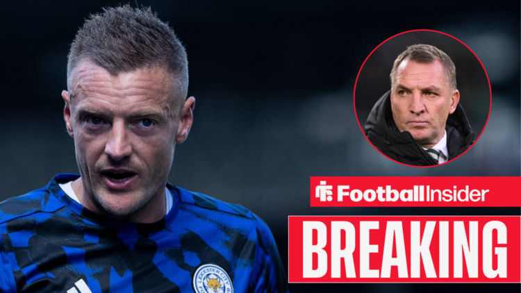 Jamie Vardy alongside a circular inset of Celtic manager Brendan Rodgers