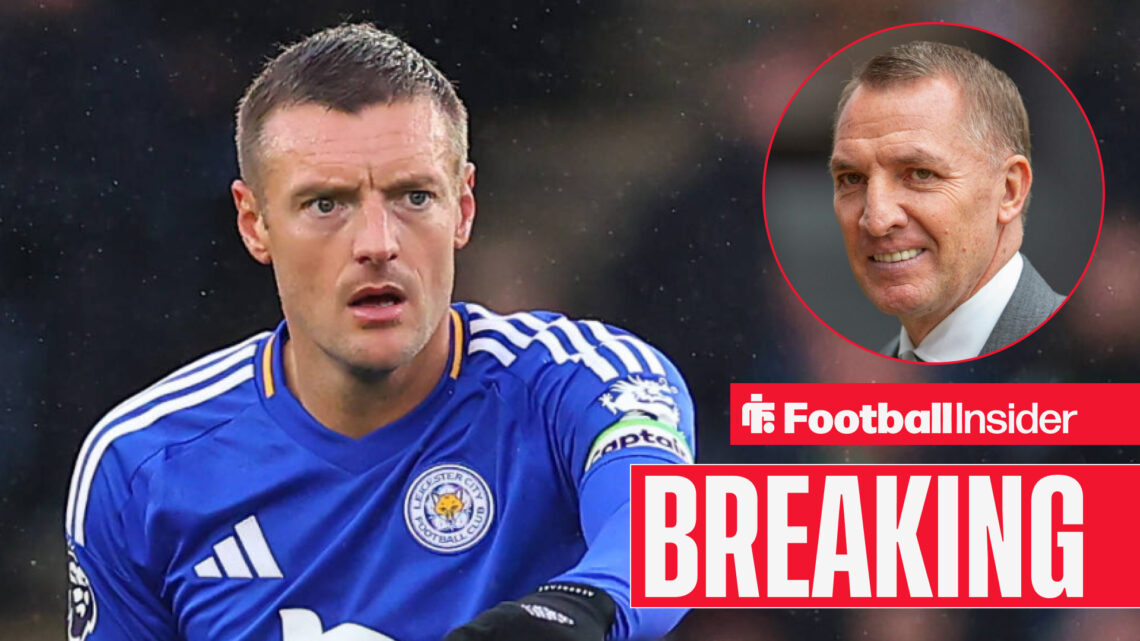 Jamie Vardy in action for Leicester, with Brendan Rodgers in a circular inset