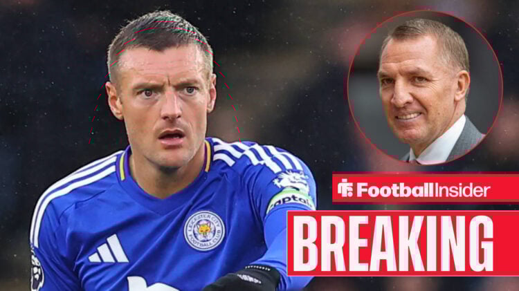 Jamie Vardy in action for Leicester, with Brendan Rodgers in a circular inset