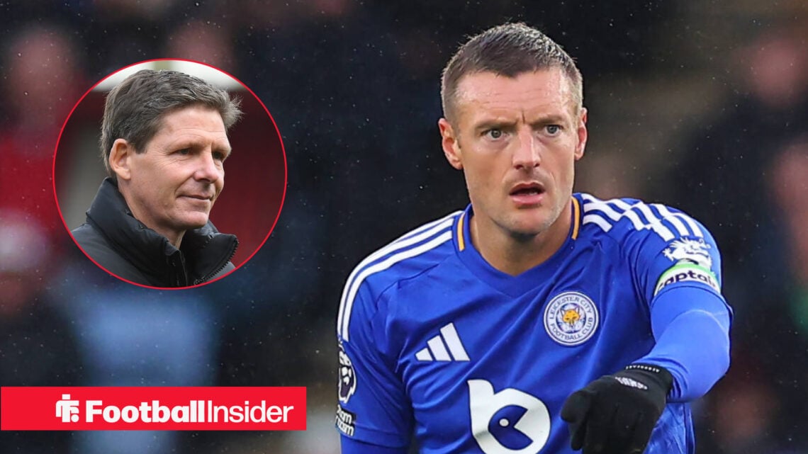 Jamie Vardy playing for Leicester and crystal palace manager Oliver Glasner looking at him with a smile