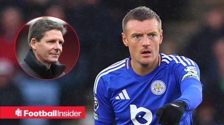 Jamie Vardy playing for Leicester and crystal palace manager Oliver Glasner looking at him with a smile