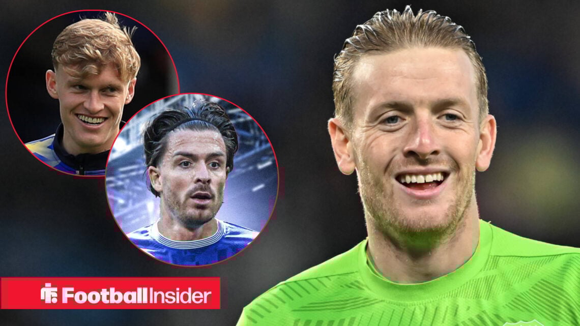 Everton goalkeeper Jordan Pickford smiling with Jarrad Branthwaite and Jack Grealish insets