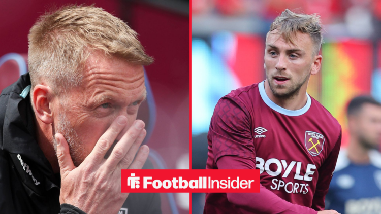Graham Potter in a black coat next to Jarrod Bowen in a purple West Ham kit
