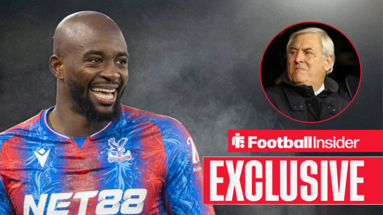 Crystal Palace striker Jean-Phillippe Mateta alongside a circular inset of Keith Hackett.