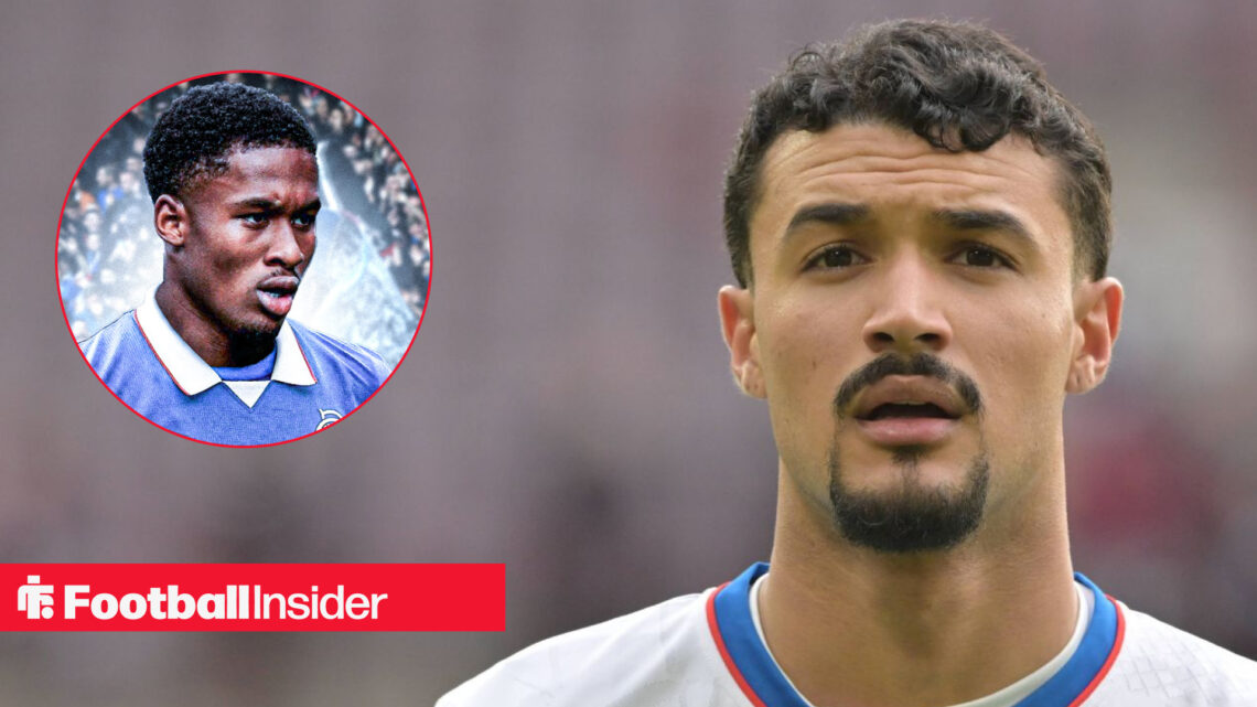 Jefte looks on during a Rangers match, next to an image of Jayden Meghoma