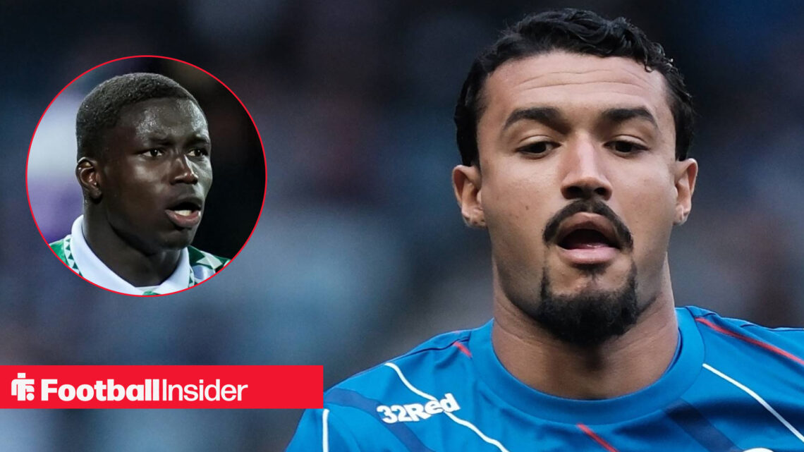 Rangers defender Jefte warming up before a match, next to an image of Nobel Mendy