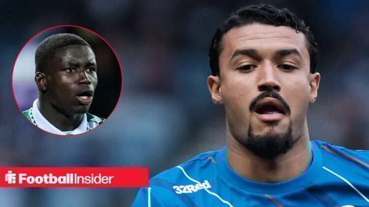 Rangers defender Jefte warming up before a match, next to an image of Nobel Mendy
