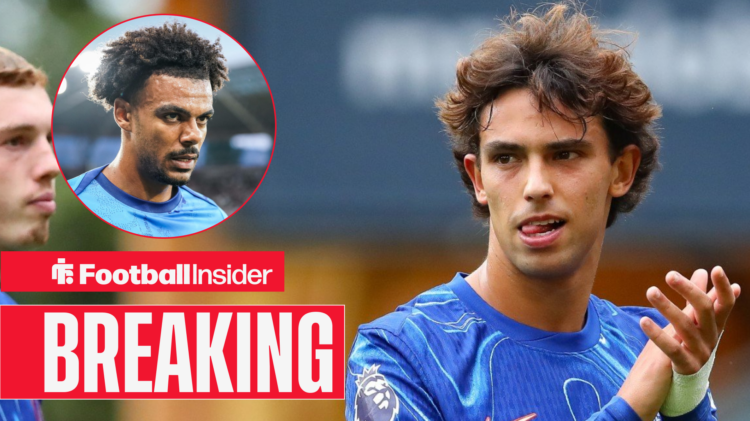 Joao Felix clapping on Chelsea pitch, Renato Veiga in a circular inset