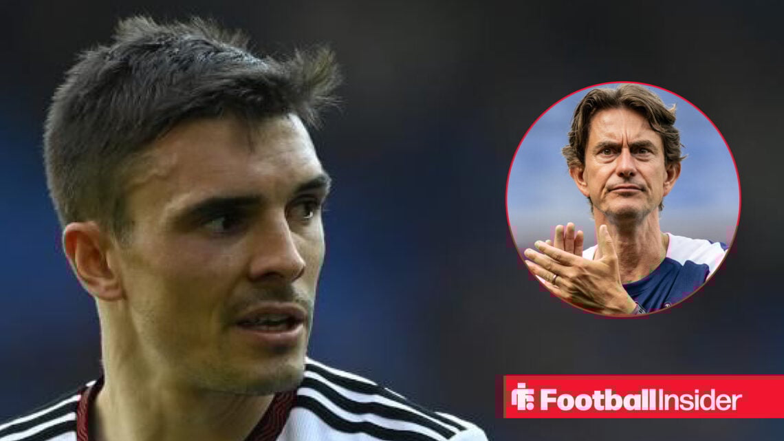 Bayern midfielder Joao Palhinha and a head shot of Spurs manager Thomas Frank