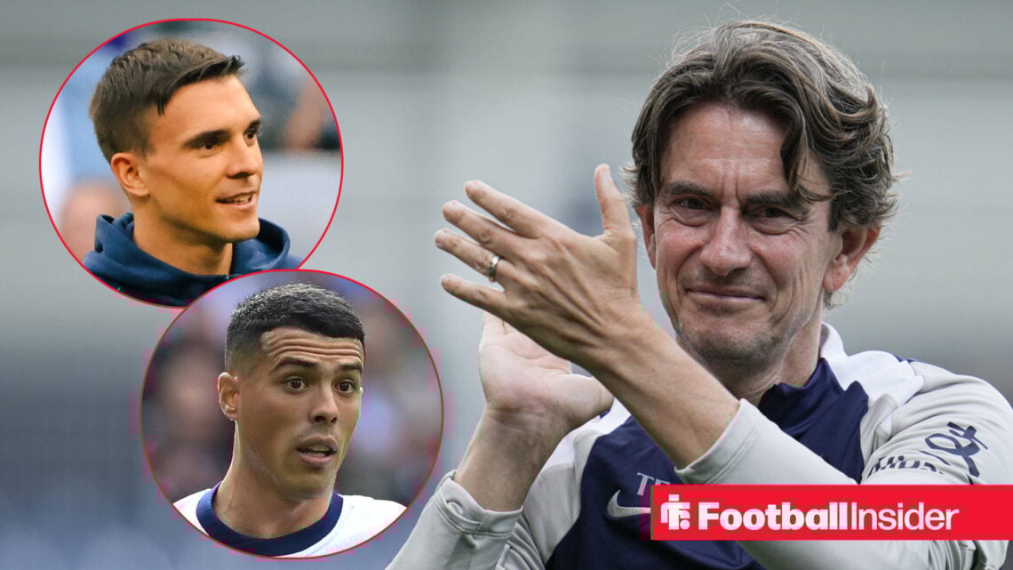 Joao Palhinha and Pedro Porro on the left with Thomas Frank on the right clapping his hands