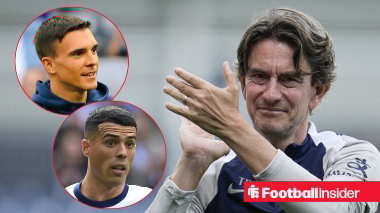 Joao Palhinha and Pedro Porro on the left with Thomas Frank on the right clapping his hands