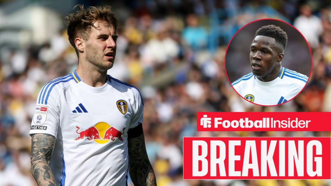 Joe Rodon in a Leeds United kit, Willy Gnonto in a circular inset