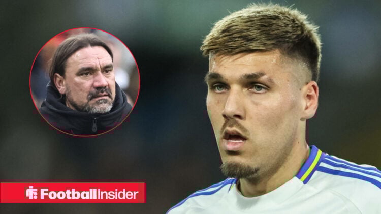 Leeds striker Joel Piroe in action looking at Leeds manager Daniel Farke who looks concerned