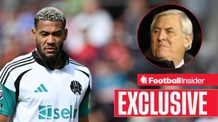 Newcastle midfielder Joelinton alongside a circular inset of former referee Keith Hackett