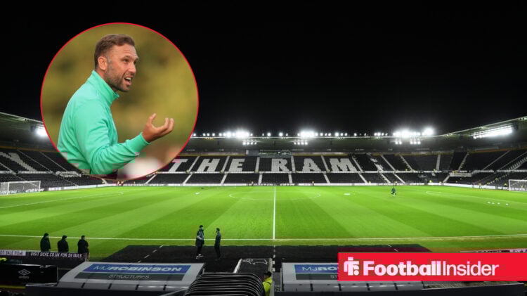 Johhn Eustace in a circular frame within an image of Pride Park