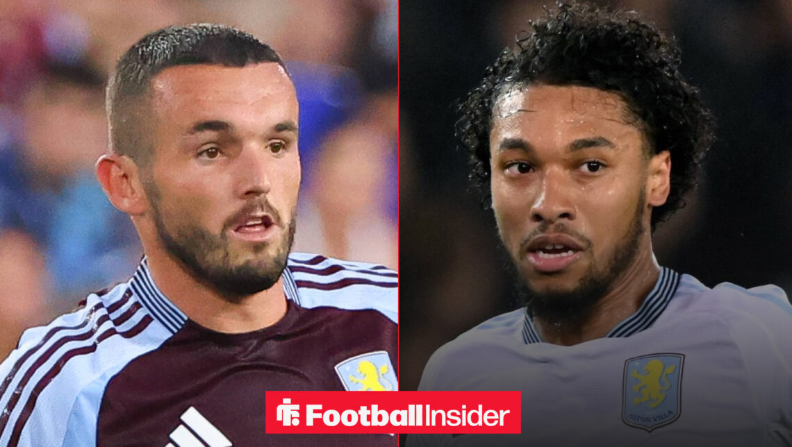 John McGinn on the left with tongue out and Boubacar Kamara on the right in white Aston Villa shirt