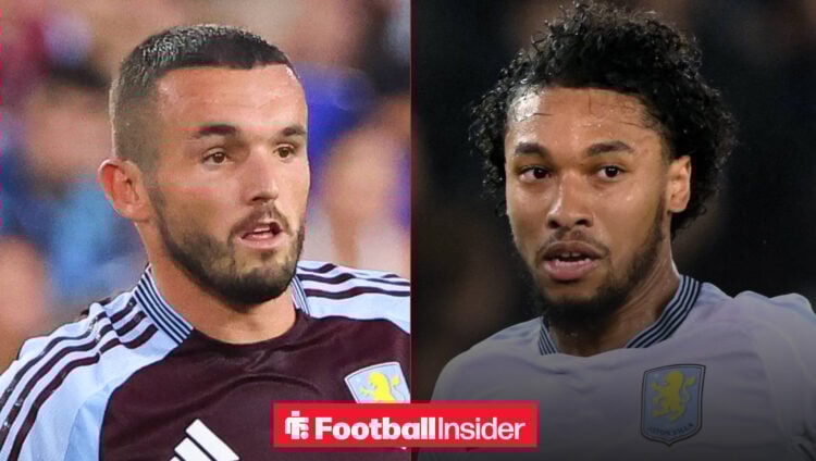 John McGinn on the left with tongue out and Boubacar Kamara on the right in white Aston Villa shirt