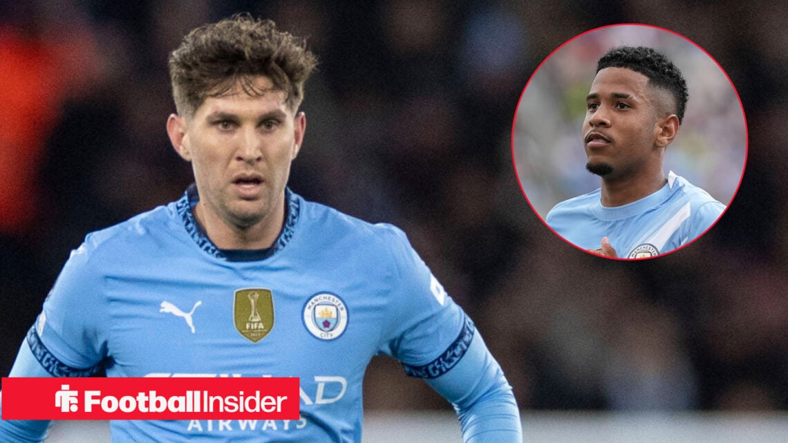 John Stones in home Man City shirt with Savinho in circle inset