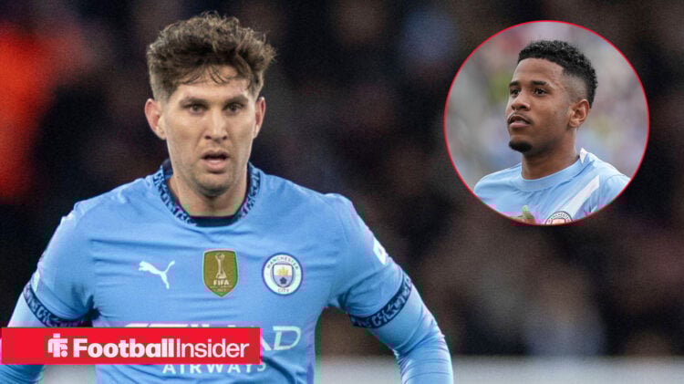 John Stones in home Man City shirt with Savinho in circle inset