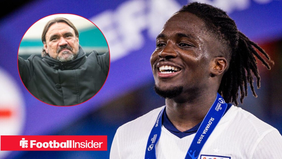 Jonathan Rowe smiling in an England shirt, Daniel Farke smirking in a circular inset