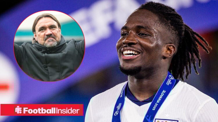 Jonathan Rowe smiling in an England shirt, Daniel Farke smirking in a circular inset