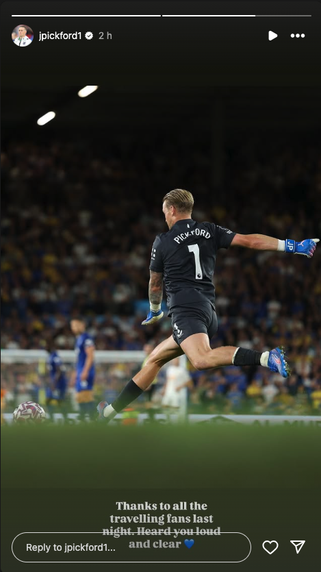 Jordan Pickford taking a goal kick wearing a number one black kit, holding his arm out with the captions "Thanks to all the travelling fans last night. Heard you loud and clear"