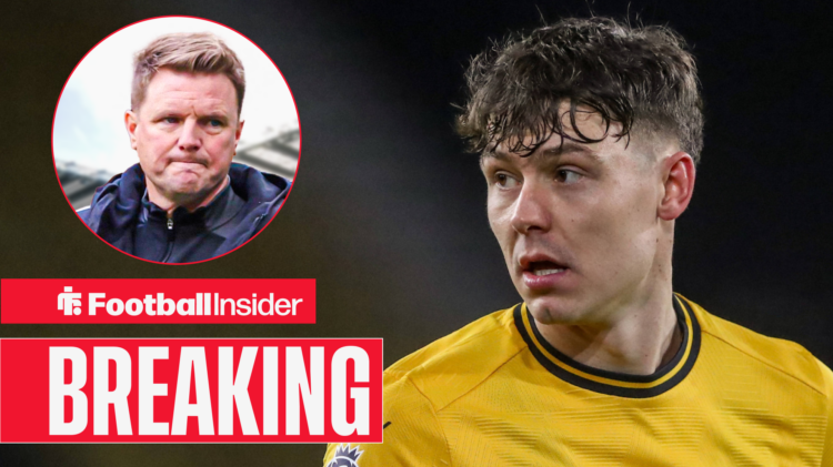 Wolves striker Jorgen Strand Larsen playing in kit looking at Newcastle manager Eddie Howe who looks concerned back at him in inset