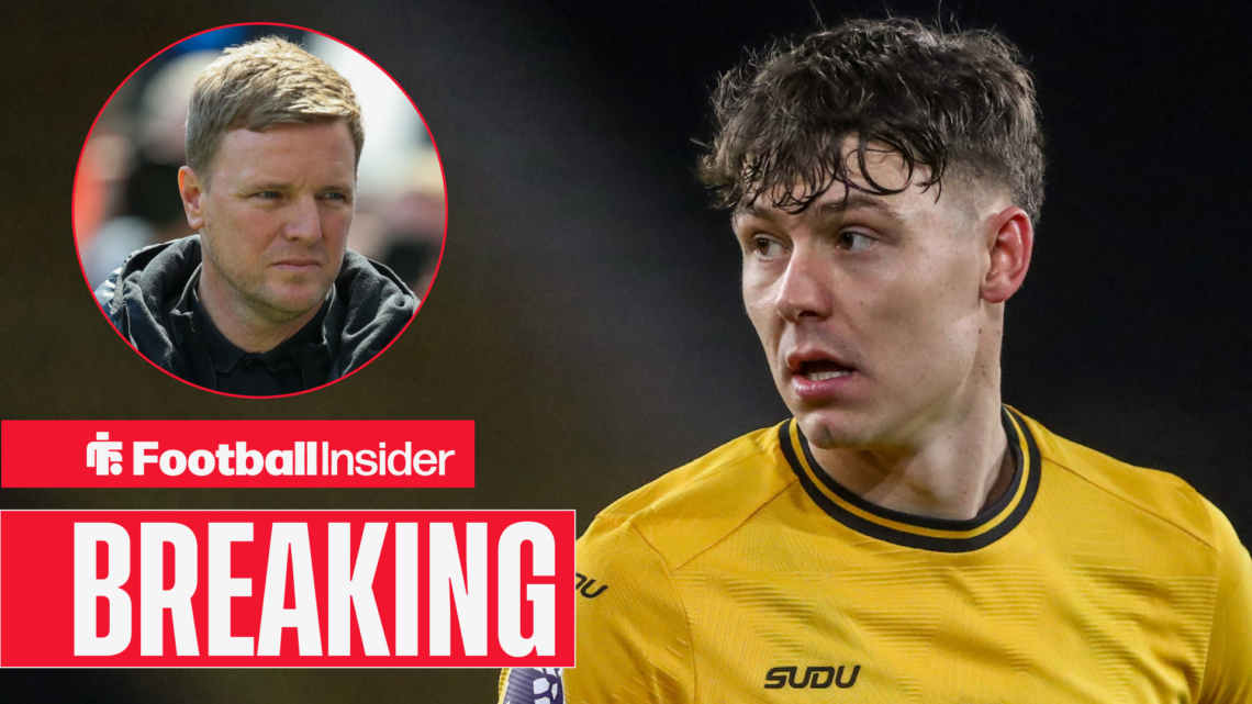 Breaking banner over Wolves Jorgen Strand Larsen in action looking at Newcastle boss Eddie Howe who is looking at him before a game