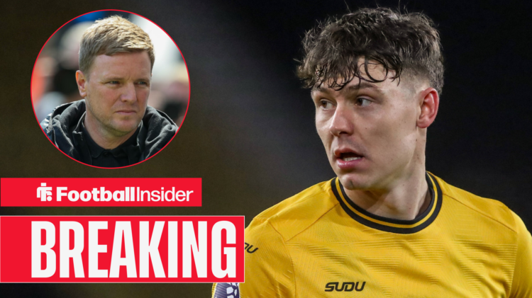 Breaking banner over Wolves Jorgen Strand Larsen in action looking at Newcastle boss Eddie Howe who is looking at him before a game