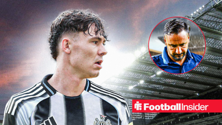 Jorgen Strand Larsen in a Newcastle shirt looking at an upset Wolves manager Vitor Pereira right inset