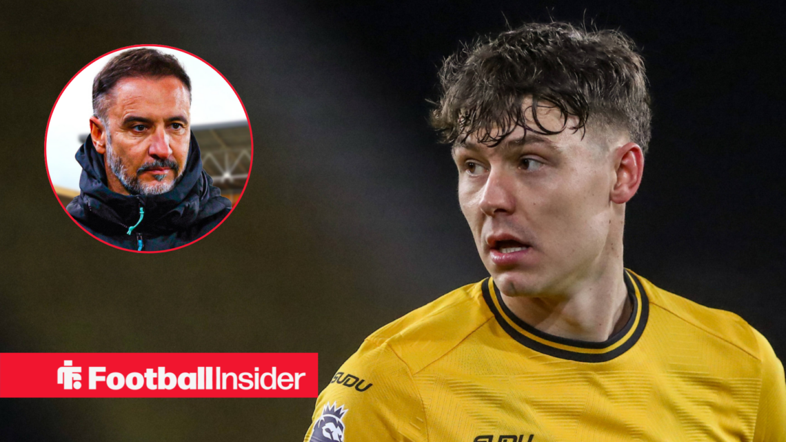 Jorgen Strand Larsen in home Wolves shirt with Vitor Pereira inset