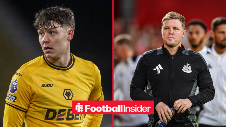 Jorgen Strand Larsen in a Wolves kit next to Eddie Howe in a Neewcastle tracksuit