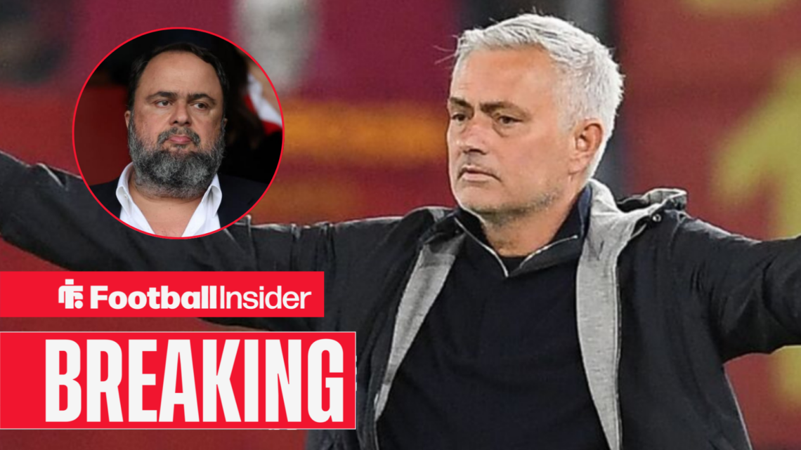 Jose Mourinho with his arms outstretched, with Evangelos Marinakis in a circular inset