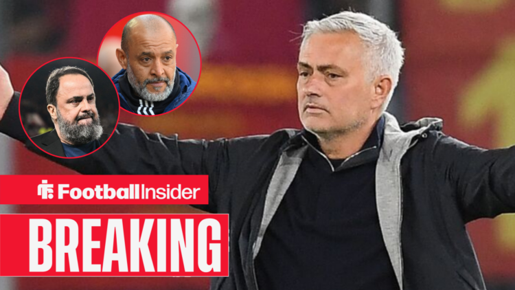 Jose Mourinho with his arms in the air protesting looking at Nottingham Forest boss Nuno Espirito Santo who looks back concerned and Forest co-owne...