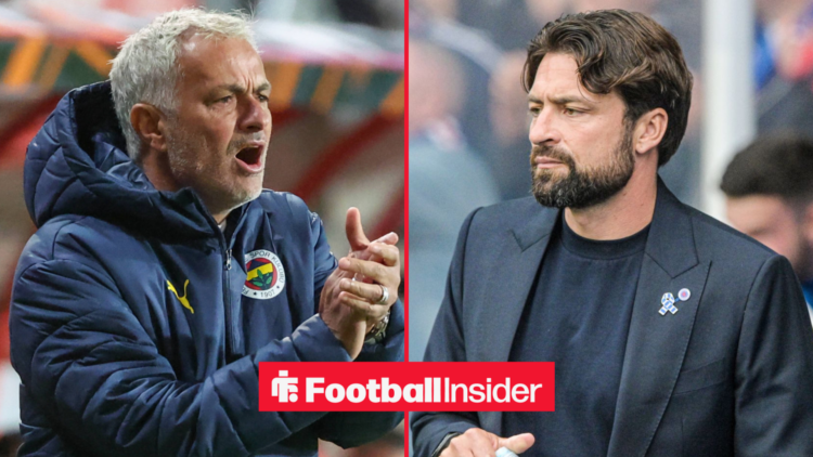 Jose Mourinho in a Fenerbahce jacket alongside Russell Martin on the Ibrox touchline