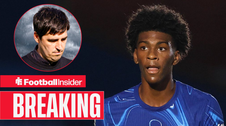 Chelsea's Josh Acheampong in action looking at Bournemouth manager Andoni Iraola who is upset