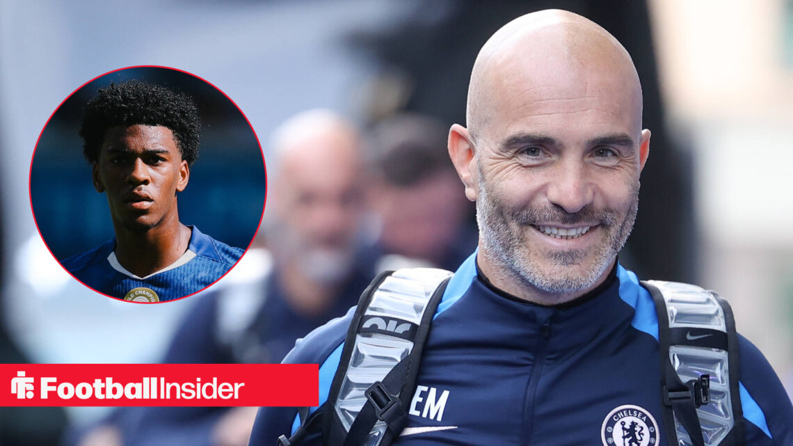 Chelsea manager Enzo Maresca smiling as he arrives at Stamford Bridge, next to an image of Josh Acheampong.