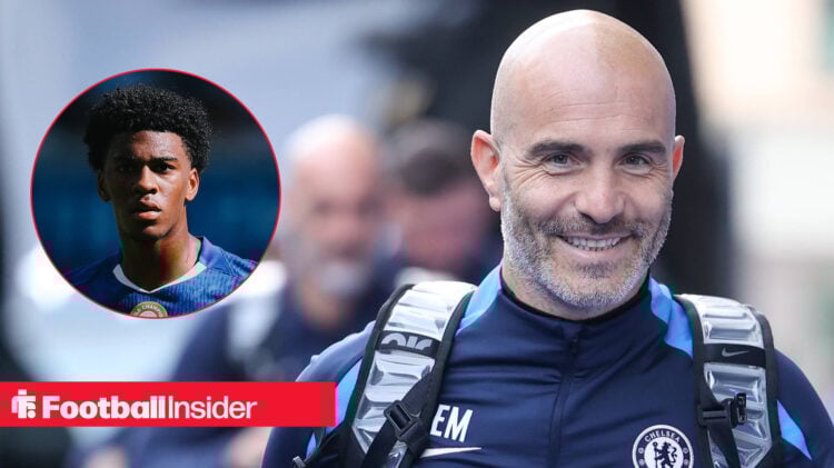 Chelsea manager Enzo Maresca smiling as he arrives at Stamford Bridge, next to an image of Josh Acheampong.