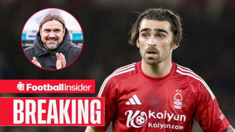 Jota Silva in action for Nottingham Forest, Daniel Farke pictured in a circular inset