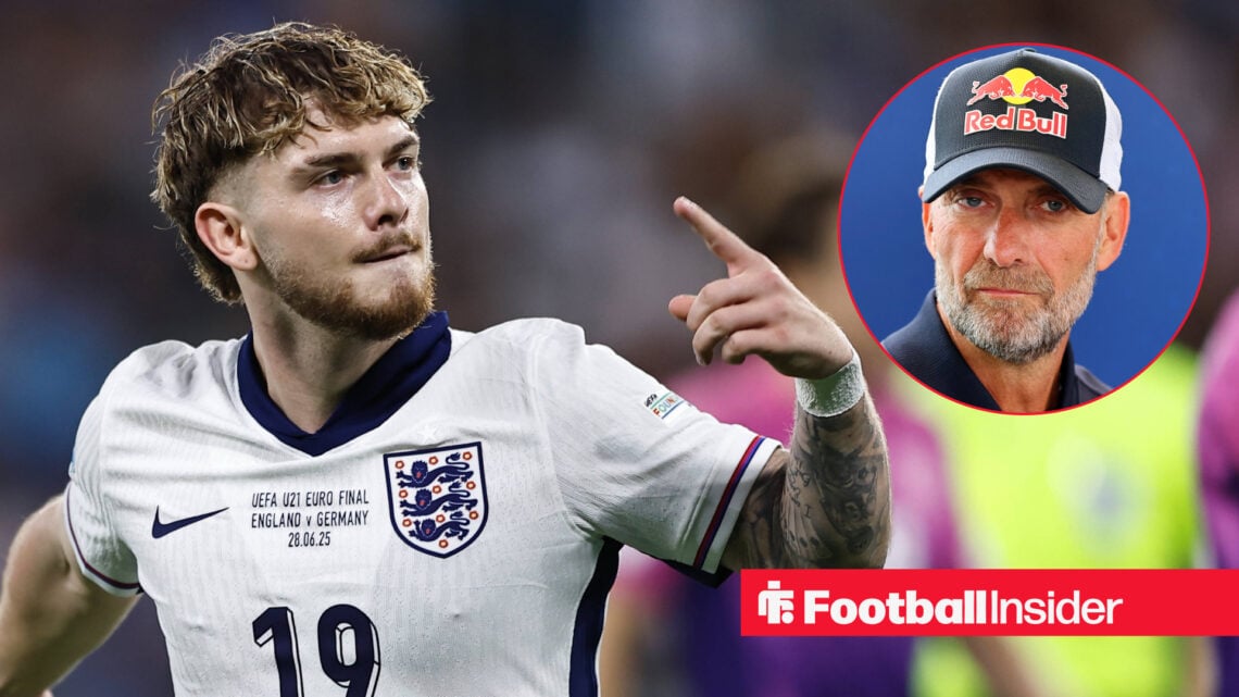 Harvey Elliott celebrates scoring for England U-21s, while Jurgen Klopp looks on wearing a cap.