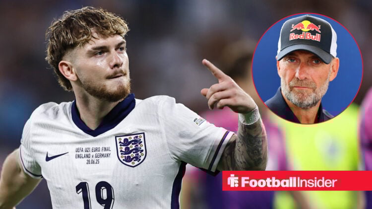 Harvey Elliott celebrates scoring for England U-21s, while Jurgen Klopp looks on wearing a cap.